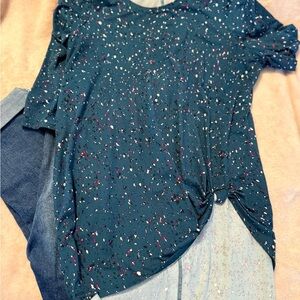Lane Bryant Teal and Pink Speckled Short Sleeve Top
